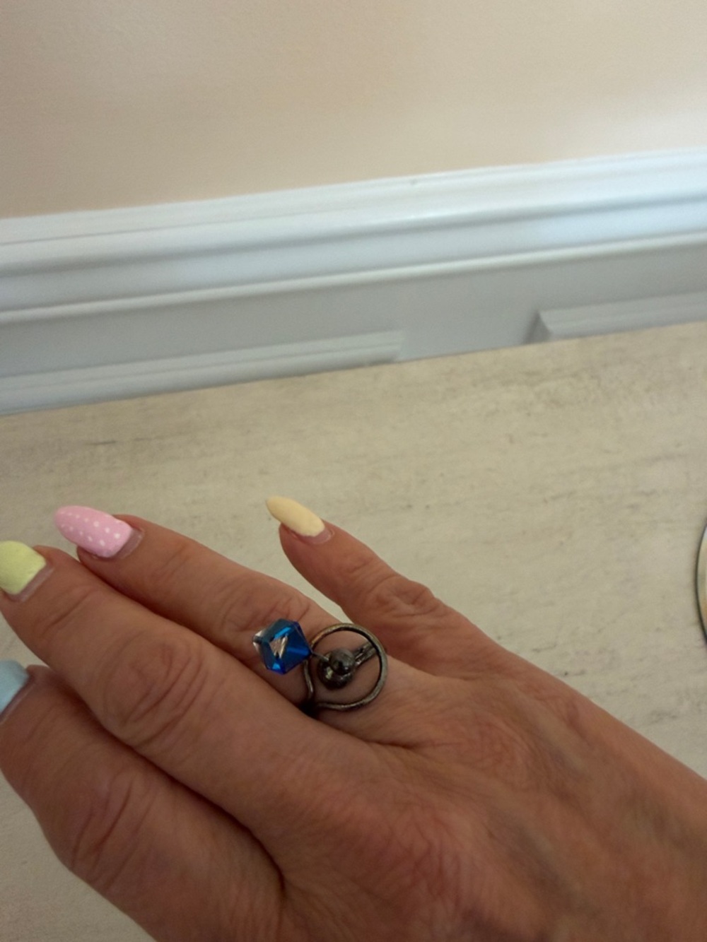 Silver-Tone Ring with Blue Crystal Drop Charm